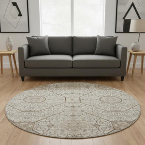 HomeRoots 8' Beige and Brown Round Rug with Geometric Design, Stain Resistance & UV Protection for Your Home 700026