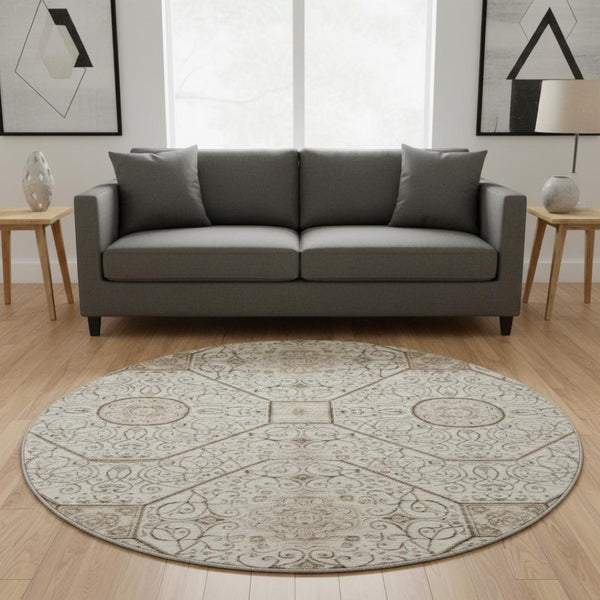 HomeRoots 8' Beige and Brown Round Rug with Geometric Design, Stain Resistance & UV Protection for Your Home 700026