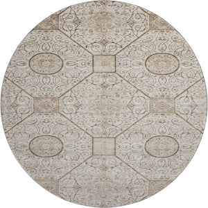 HomeRoots 8' Beige and Brown Round Rug with Geometric Design, Stain Resistance & UV Protection for Your Home 700026