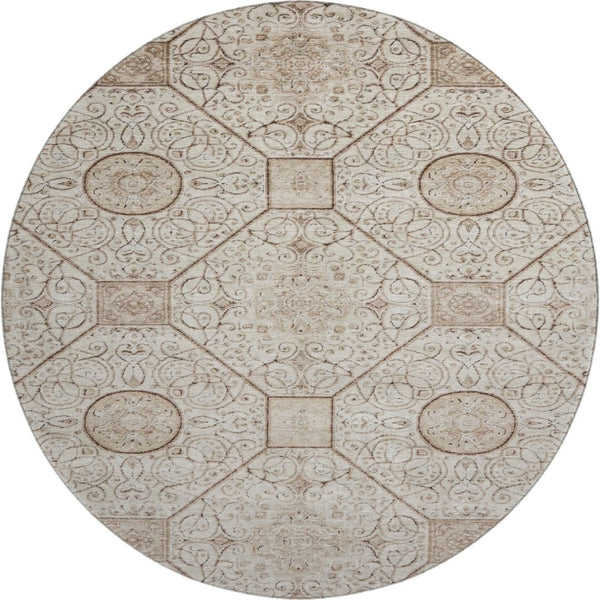 HomeRoots 8' Beige and Brown Round Rug with Geometric Design, Stain Resistance & UV Protection for Your Home 700026