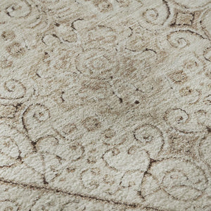 HomeRoots 8' Beige and Brown Round Rug with Geometric Design, Stain Resistance & UV Protection for Your Home 700026