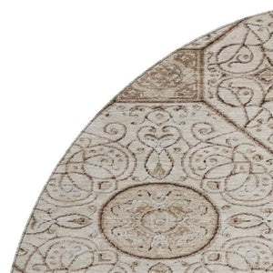 HomeRoots 8' Beige and Brown Round Rug with Geometric Design, Stain Resistance & UV Protection for Your Home 700026
