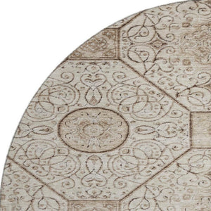 HomeRoots 8' Beige and Brown Round Rug with Geometric Design, Stain Resistance & UV Protection for Your Home 700026