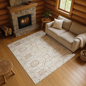 HomeRoots 8' X 10' Beige & Brown Geometric Washable Area Rug - UV Protected, Durable, Stain-Resistant Design 700027