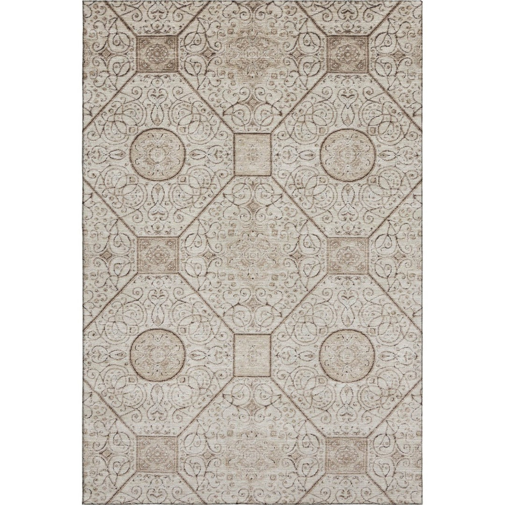 HomeRoots 8' X 10' Beige & Brown Geometric Washable Area Rug - UV Protected, Durable, Stain-Resistant Design 700027