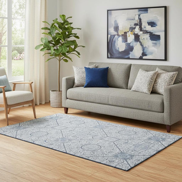 HomeRoots 5' X 8' Blue and Ivory Geometric Area Rug - Washable, UV-Protected, Stylish, and Durable Design 700031