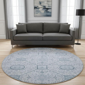 HomeRoots 8' Blue and Ivory Geometric Round Rug – Washable, UV-Protected, Durable, Perfect for Family Spaces! 700032