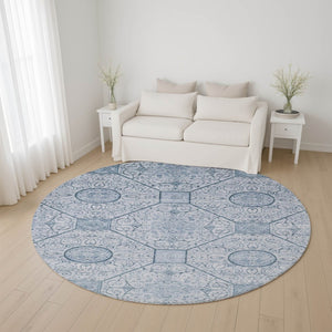 HomeRoots 8' Blue and Ivory Geometric Round Rug – Washable, UV-Protected, Durable, Perfect for Family Spaces! 700032
