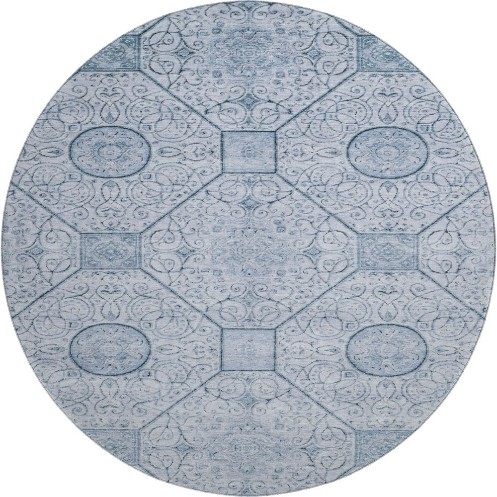 HomeRoots 8' Blue and Ivory Geometric Round Rug – Washable, UV-Protected, Durable, Perfect for Family Spaces! 700032