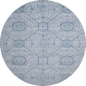 HomeRoots 8' Blue and Ivory Geometric Round Rug – Washable, UV-Protected, Durable, Perfect for Family Spaces! 700032