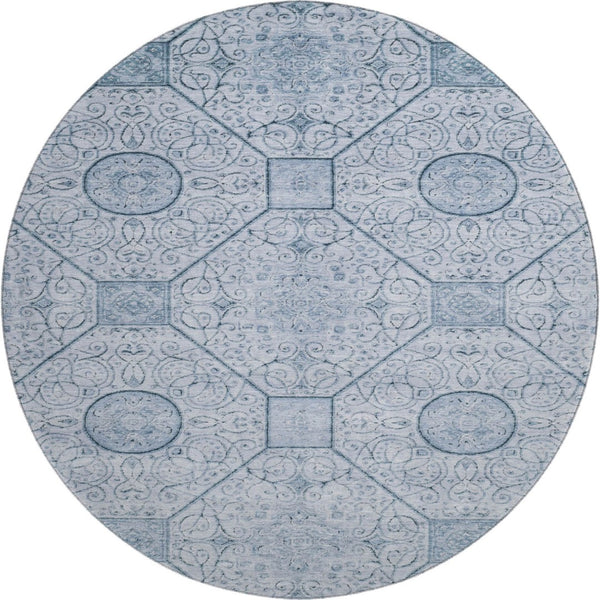 HomeRoots 8' Blue and Ivory Geometric Round Rug – Washable, UV-Protected, Durable, Perfect for Family Spaces! 700032