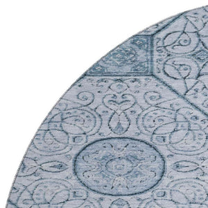 HomeRoots 8' Blue and Ivory Geometric Round Rug – Washable, UV-Protected, Durable, Perfect for Family Spaces! 700032