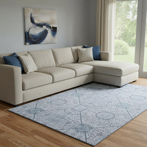 HomeRoots 8' X 10' Blue and Ivory Geometric Area Rug – Washable, UV-Resistant, Durable for Busy Homes 700033