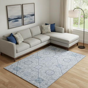 HomeRoots 9' X 12' Blue and Ivory Geometric Area Rug - Washable, UV-Protected, Durable, Stylish Design for Any Room 700034