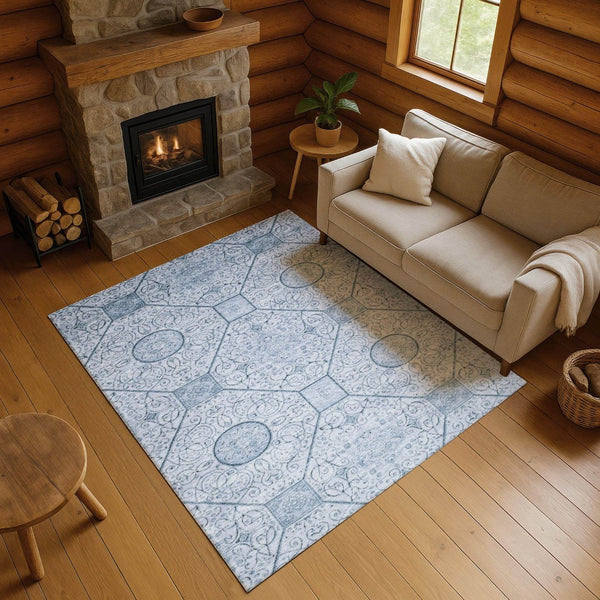 HomeRoots 9' X 12' Blue and Ivory Geometric Area Rug - Washable, UV-Protected, Durable, Stylish Design for Any Room 700034