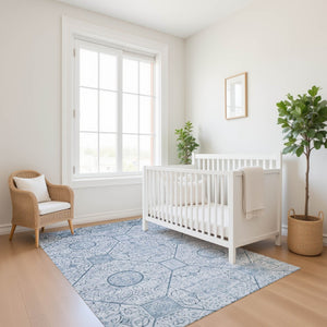 HomeRoots 9' X 12' Blue and Ivory Geometric Area Rug - Washable, UV-Protected, Durable, Stylish Design for Any Room 700034