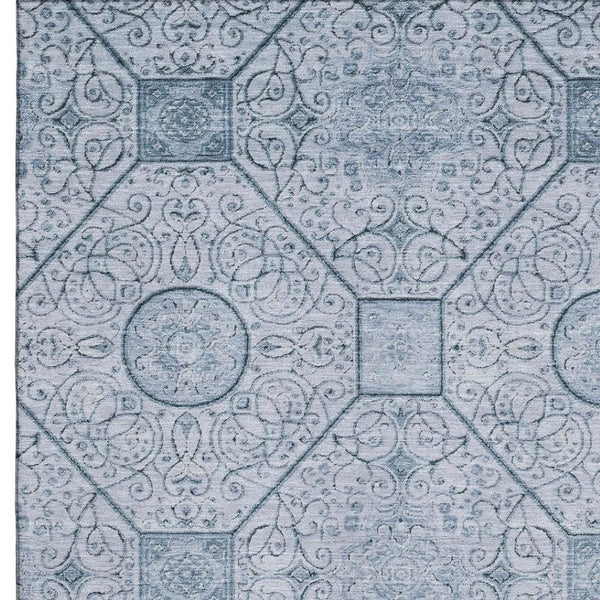 HomeRoots 9' X 12' Blue and Ivory Geometric Area Rug - Washable, UV-Protected, Durable, Stylish Design for Any Room 700034