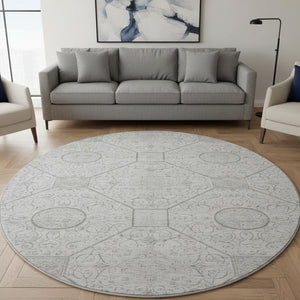 HomeRoots 8' Modern Silver and Gray Geometric Washable Round Rug - UV Protected, Durable, Easy Clean Design 700038
