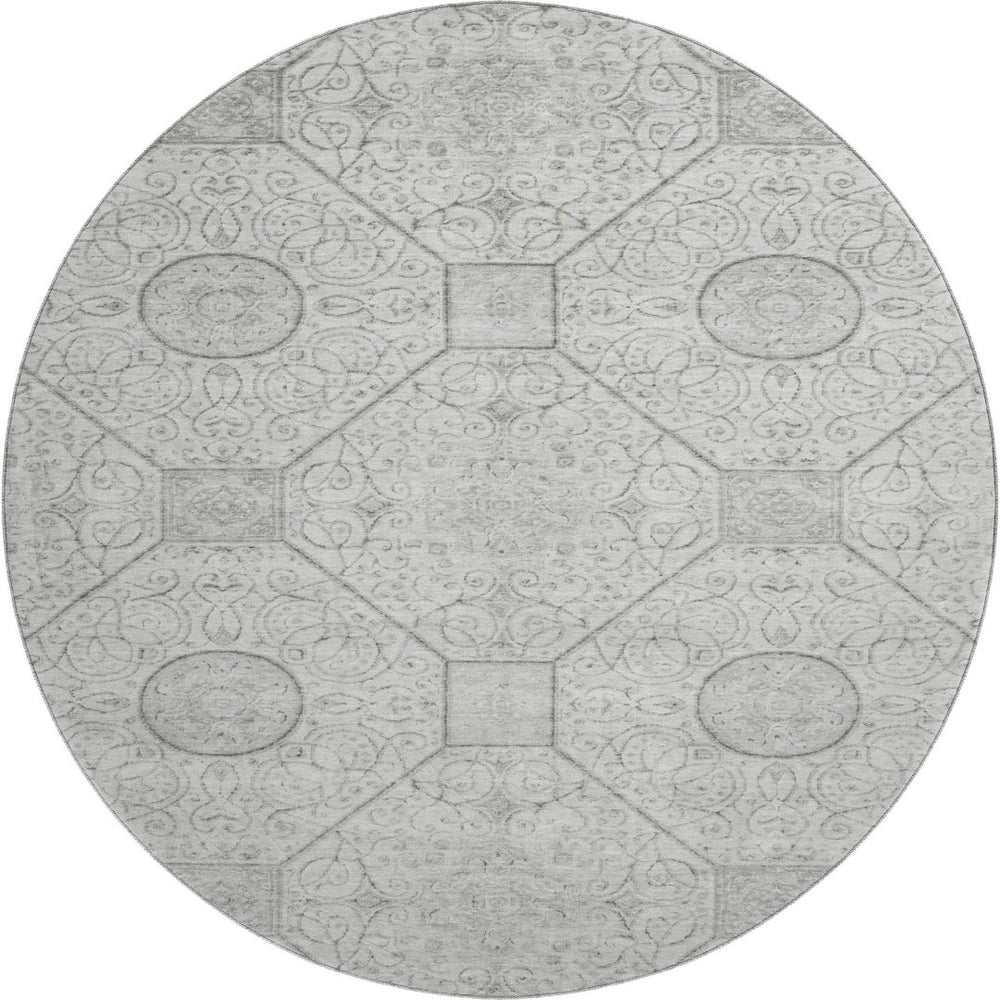HomeRoots 8' Modern Silver and Gray Geometric Washable Round Rug - UV Protected, Durable, Easy Clean Design 700038