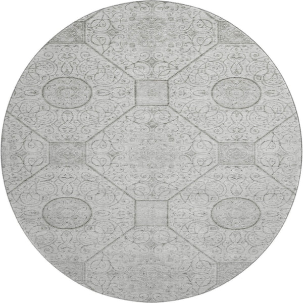 HomeRoots 8' Modern Silver and Gray Geometric Washable Round Rug - UV Protected, Durable, Easy Clean Design 700038