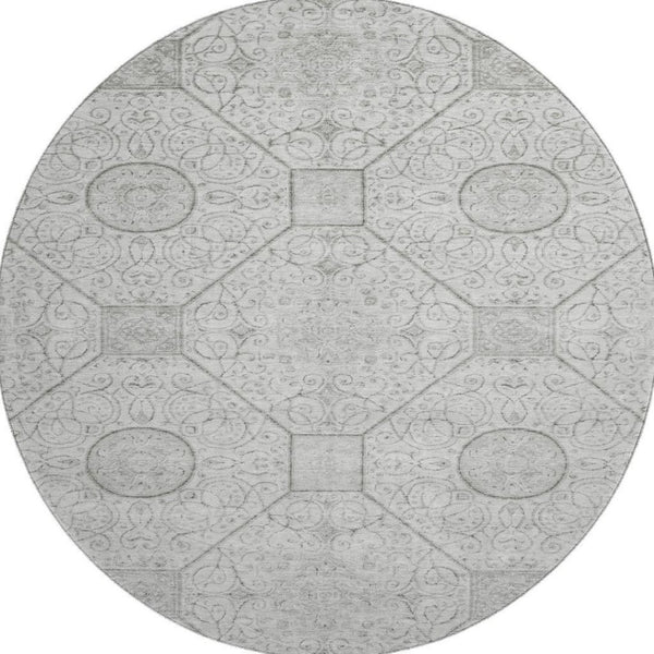 HomeRoots 8' Modern Silver and Gray Geometric Washable Round Rug - UV Protected, Durable, Easy Clean Design 700038