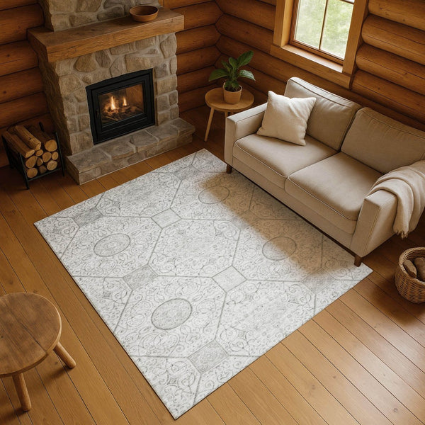 HomeRoots 10' X 14' Silver and Gray Geometric Washable Area Rug - Durable, Stylish, UV-Protected for High-Traffic Spaces 700041