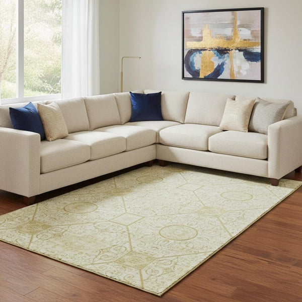 HomeRoots 8' X 10' Geometric Wheat and Gold Area Rug - Washable, UV Protected, Durable for High-Traffic Spaces 700045