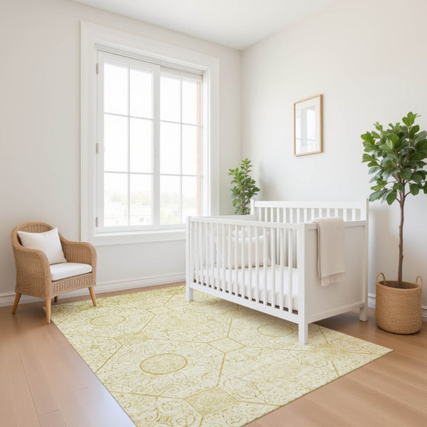 HomeRoots 9' X 12' Wheat & Gold Geometric Area Rug - Washable, Durable, Stain Resistant, UV Protected Design 700046
