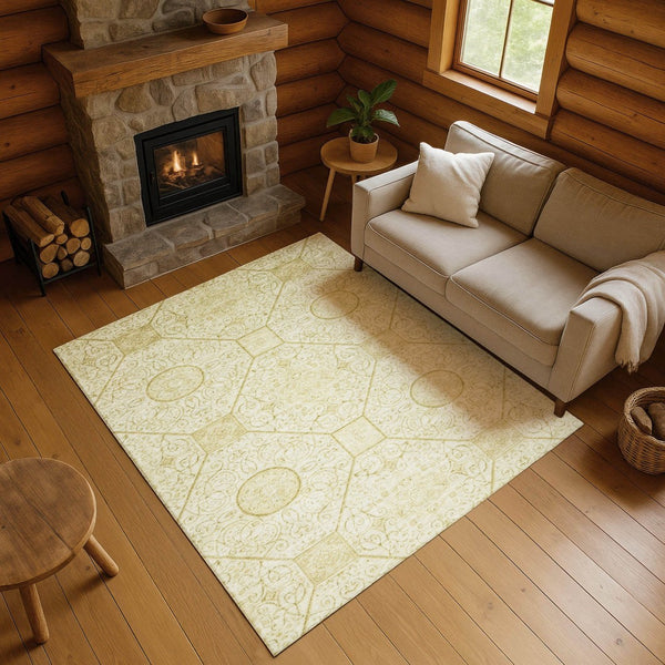 HomeRoots 10' Modern Wheat & Gold Geometric Washable Area Rug - Stain-Resistant, UV Protected & Durable Design 700047