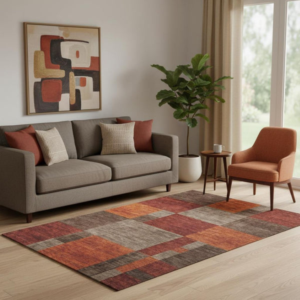HomeRoots 5' X 8' Chocolate Orange & Rust Geometric Area Rug – Stylish, Washable, UV Protected for Homes 700049