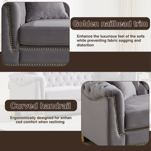 English Elm {video] Tufted Black Velvet Chesterfield Sofa with Gold Studs Three Seat Living Room Grey W1926S00098