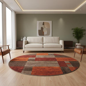 HomeRoots 8' Chocolate Orange and Rust Geometric Round Rug - Washable, UV Protected, Non-Slip Design for Home! 700050