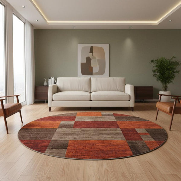 HomeRoots 8' Chocolate Orange and Rust Geometric Round Rug - Washable, UV Protected, Non-Slip Design for Home! 700050