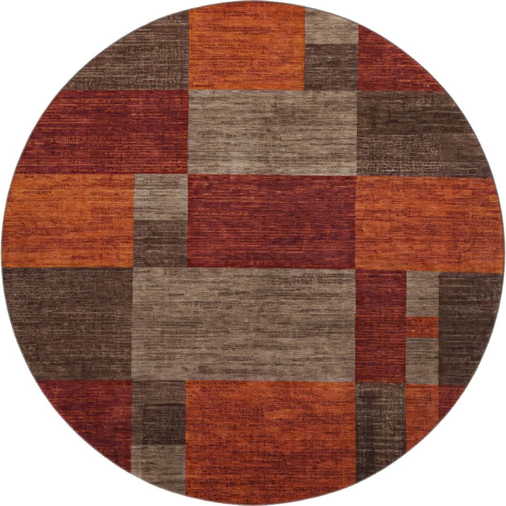 HomeRoots 8' Chocolate Orange and Rust Geometric Round Rug - Washable, UV Protected, Non-Slip Design for Home! 700050