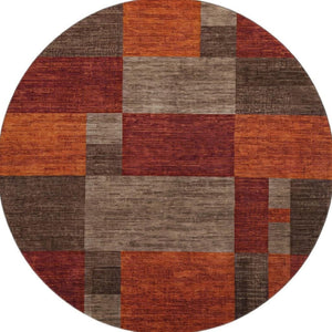 HomeRoots 8' Chocolate Orange and Rust Geometric Round Rug - Washable, UV Protected, Non-Slip Design for Home! 700050