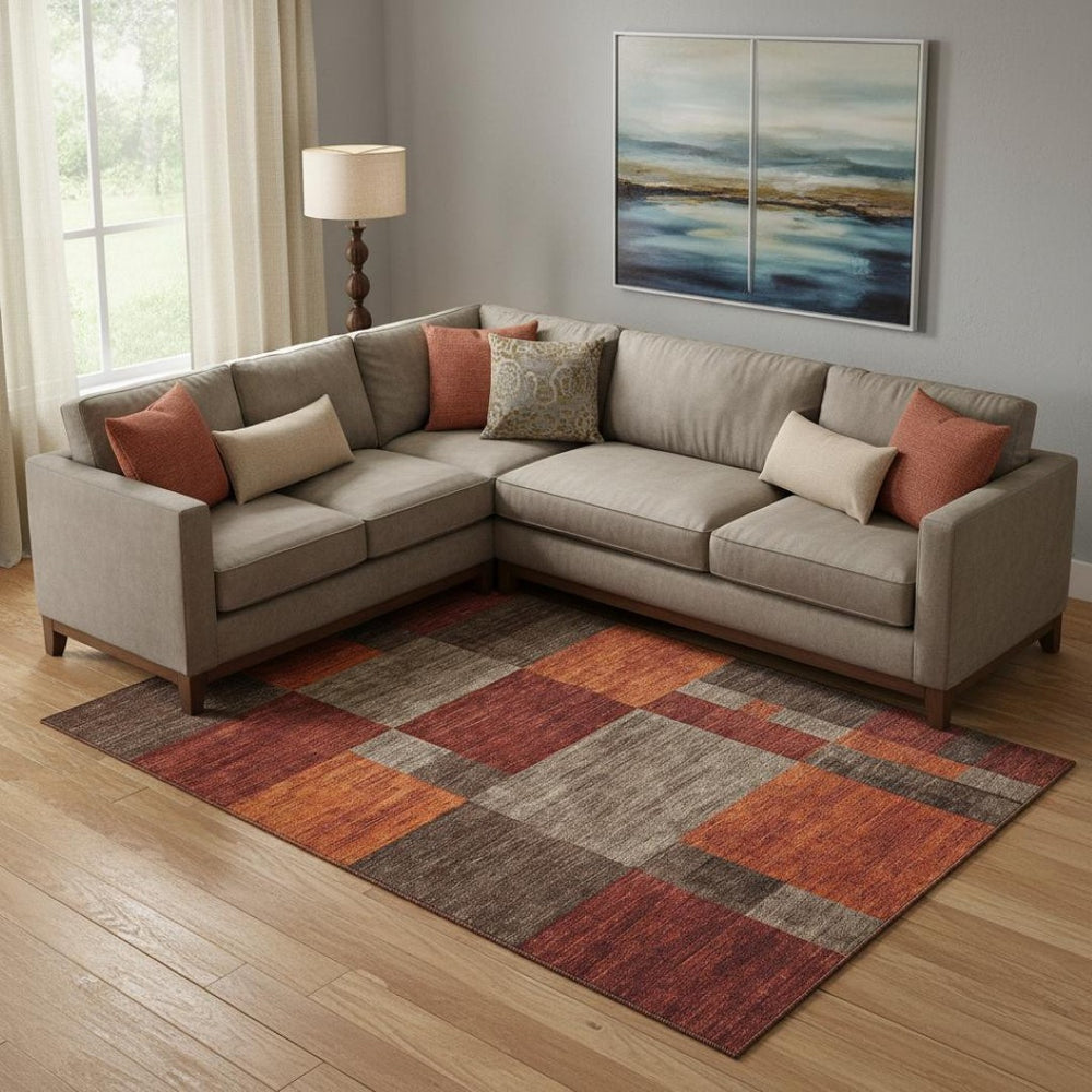 HomeRoots 9' X 12' Geometric Washable Area Rug in Chocolate, Orange & Rust - Durable, UV Protected & Stylish 700052