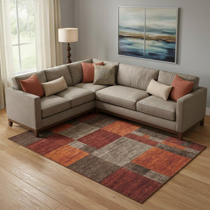 HomeRoots 9' X 12' Geometric Washable Area Rug in Chocolate, Orange & Rust - Durable, UV Protected & Stylish 700052