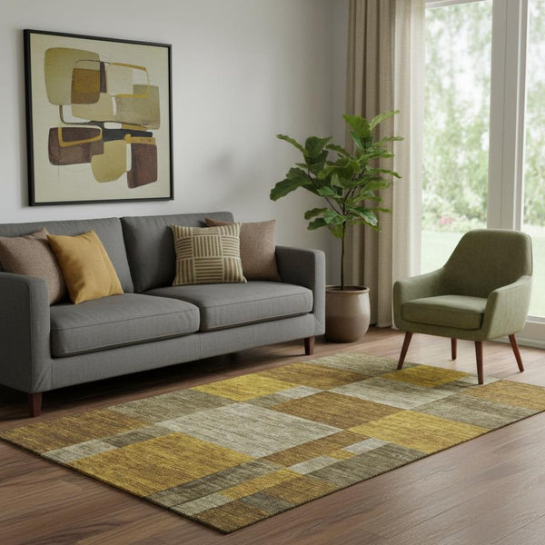 HomeRoots 5' X 8' Stylish Pewter, Gold & Brown Geometric Area Rug - Washable, UV Protected, Non-Slip Design 700055