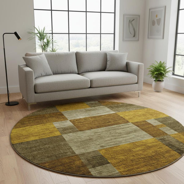 HomeRoots 8' Stylish Pewter Gold & Brown Geometric Round Rug - Washable, UV-Protected, Stain-Resistant Design 700056