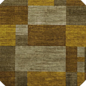 HomeRoots 8' Stylish Pewter Gold & Brown Geometric Round Rug - Washable, UV-Protected, Stain-Resistant Design 700056
