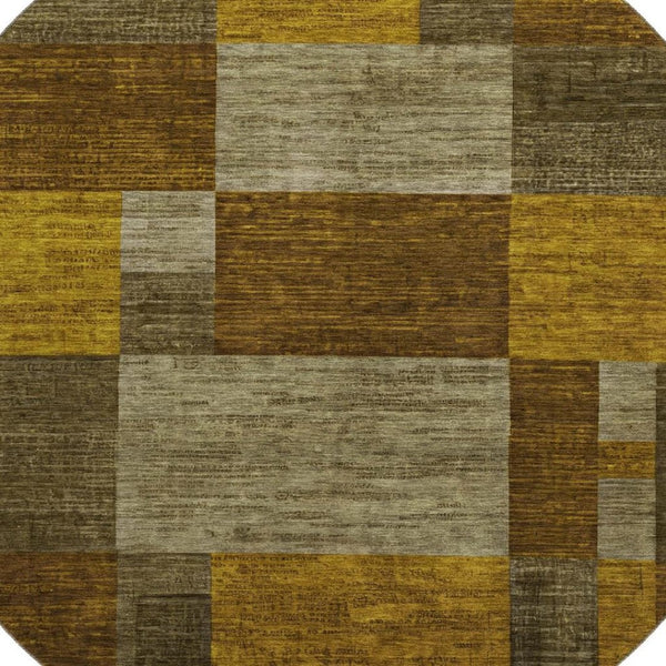 HomeRoots 8' Stylish Pewter Gold & Brown Geometric Round Rug - Washable, UV-Protected, Stain-Resistant Design 700056