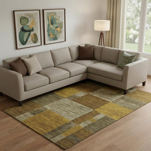 HomeRoots 9' X 12' Modern Geometric Washable Area Rug in Pewter Gold & Brown - UV Protected & Stain Resistant 700058