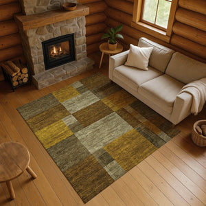 HomeRoots 9' X 12' Modern Geometric Washable Area Rug in Pewter Gold & Brown - UV Protected & Stain Resistant 700058