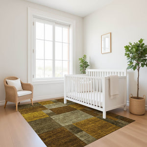 HomeRoots 9' X 12' Modern Geometric Washable Area Rug in Pewter Gold & Brown - UV Protected & Stain Resistant 700058
