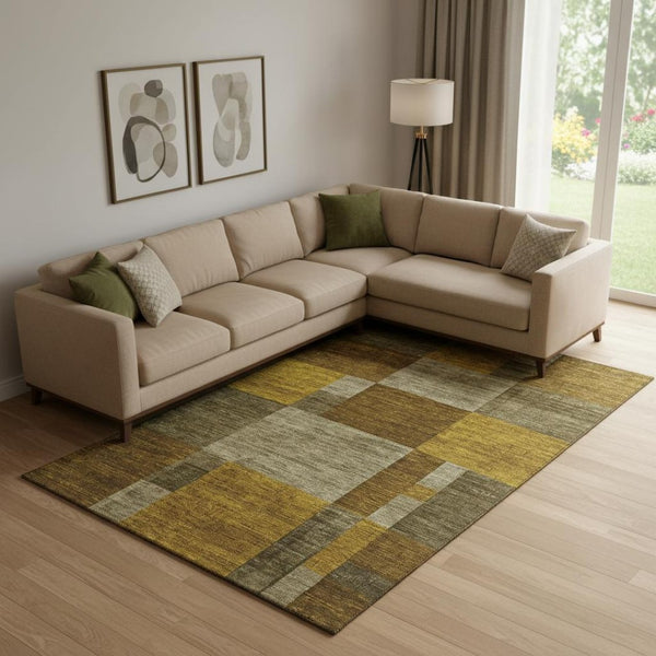 HomeRoots 10' X 14' Stylish Pewter Gold Brown Geometric Area Rug | Washable, UV Protected, Stain Resistant 700059
