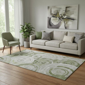 HomeRoots 5' Geometric Artichoke Green Gray Silver Area Rug - Washable, UV Protected, Durable, Non-Slip Design 700061