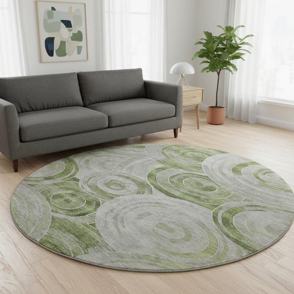 HomeRoots 8' Stylish Artichoke Green Geometric Round Rug - Machine-Washable, UV Protected & Stain Resistant! 700062