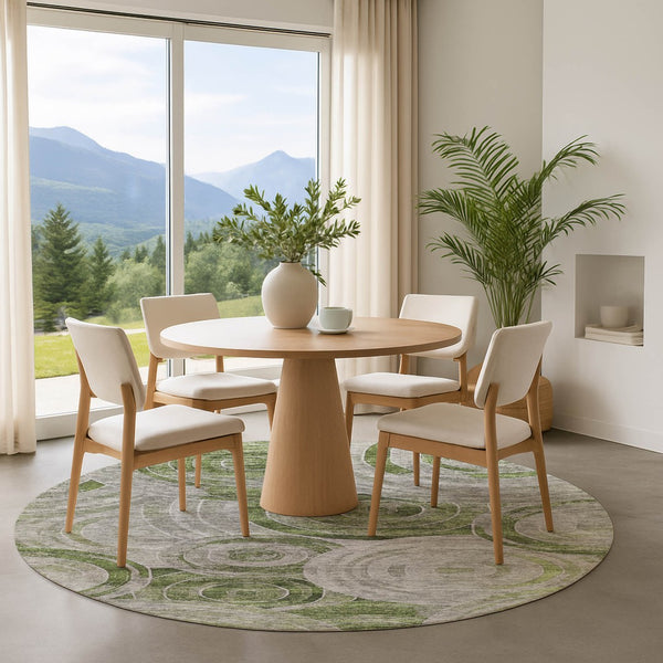 HomeRoots 8' Stylish Artichoke Green Geometric Round Rug - Machine-Washable, UV Protected & Stain Resistant! 700062
