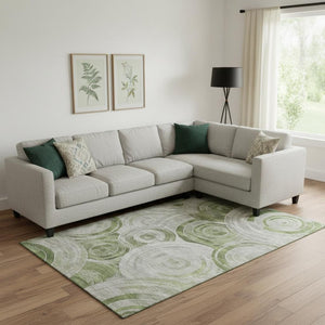 HomeRoots 9' X 12' Stylish Artichoke Green Gray Silver Geometric Washable Area Rug with UV Protection 700064
