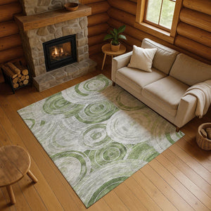 HomeRoots 9' X 12' Stylish Artichoke Green Gray Silver Geometric Washable Area Rug with UV Protection 700064